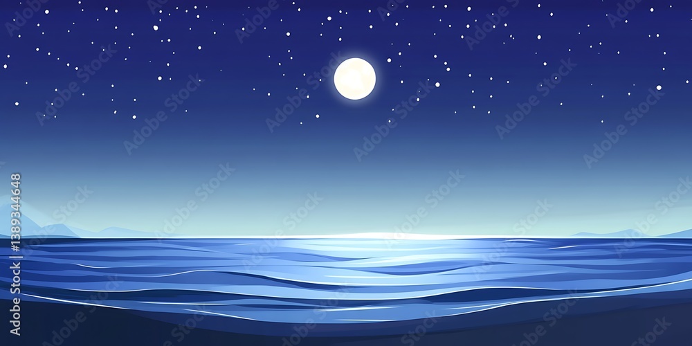 Night scene with moon, stars, and ocean at the beach with blue waters reflecting the moon's light Night scene with moon, stars, and ocean at the beach with blue waters reflecting the moon's light