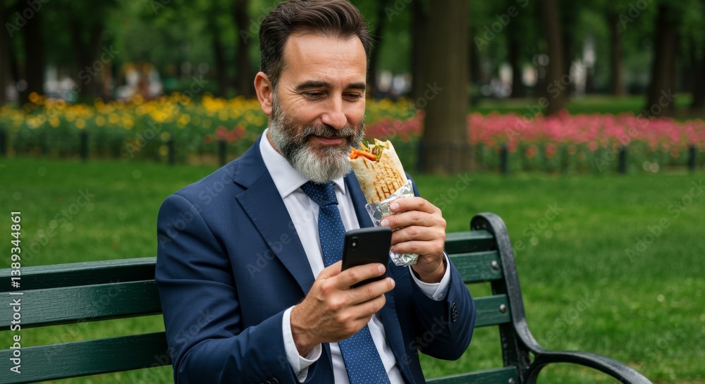 Businessman Eats Lunch in Park - A businessman in a suit enjoys a quick lunch and checks his phone while sitting on a park bench Businessman Eats Lunch in Park - A businessman in a suit enjoys a quick lunch and checks his phone while sitting on a park bench