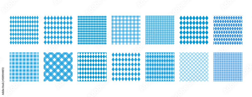 Oktoberfest seamless patterns set. Bavarian print. Dirndl pattern set. Bavarian pattern with blue and white rhombus, diamonds. Checkered, plaid wallpaper. White and blue backgrounds for beer festival.
