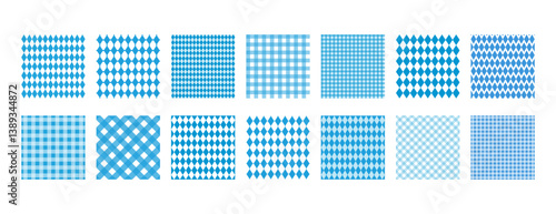 Oktoberfest seamless patterns set. Bavarian print. Dirndl pattern set. Bavarian pattern with blue and white rhombus, diamonds. Checkered, plaid wallpaper. White and blue backgrounds for beer festival.