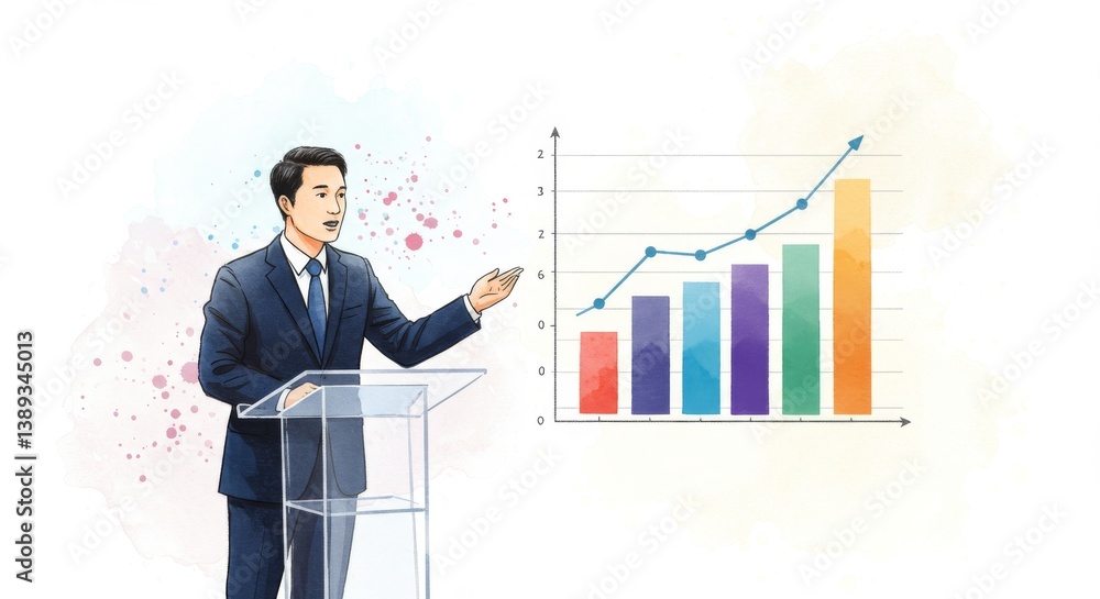 Businessman Presenting Growth Chart - A businessman stands at a podium, gesturing towards a bar graph showing upward growth. Illustrative Businessman Presenting Growth Chart - A businessman stands at a podium, gesturing towards a bar graph showing upward growth. Illustrative