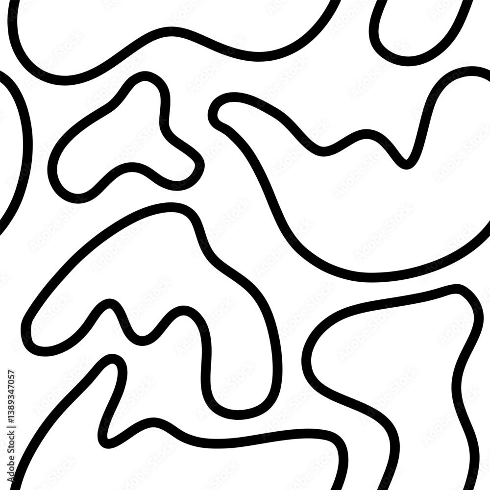 Seamless pattern with abstract liquid shapes. Trendy and stylish print for fabric, textile, natural wallpaper. Minimalistic abstract pattern with black outline blobs on white. Seamless pattern with abstract liquid shapes. Trendy and stylish print for fabric, textile, natural wallpaper. Minimalistic abstract pattern with black outline blobs on white.