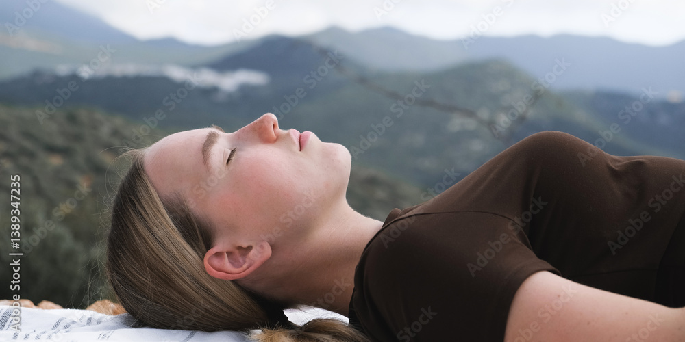 woman in the mountains, embracing slow living and mindfulness. A moment of balance, self-care, and deep connection with nature. Serenity, mental well-being, and tranquility in an outdoor retreat woman in the mountains, embracing slow living and mindfulness. A moment of balance, self-care, and deep connection with nature. Serenity, mental well-being, and tranquility in an outdoor retreat