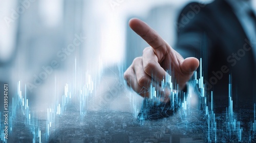 Businessman Pointing at Futuristic Financial Graph in Double Exposure