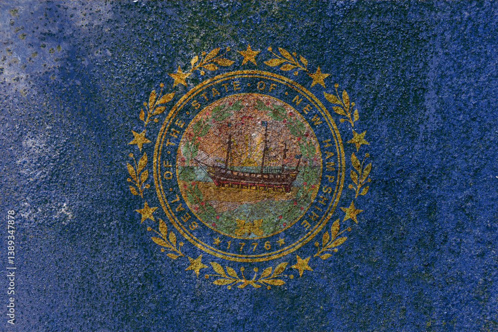 New Hampshire State Flag. Dirty New Hampshire state flag on rusty metal surface. New Hampshire State Flag. Dirty New Hampshire state flag on rusty metal surface.