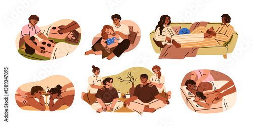 Couple massage in spa and at home, set. Woman and man, partners in love during body care, romantic wellness, back, shoulder and feet treatment. Flat vector illustration isolated on white background