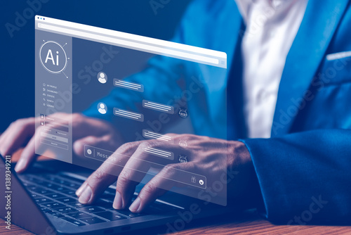 Man's hands used laptop, with Live Chat online communication and customer service technology, Chat with AI, Artificial Intelligence. Futuristic technology transformation.