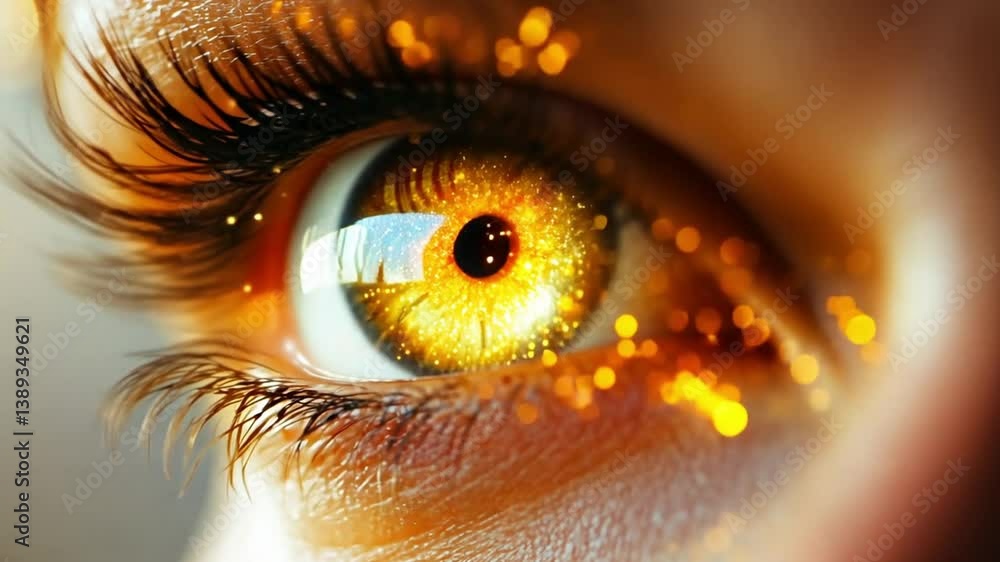 Close-up of a woman's eye adorned with shimmering golden glitter, capturing a moment of beauty Close-up of a woman's eye adorned with shimmering golden glitter, capturing a moment of beauty