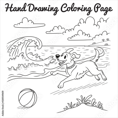 Hand-drawn beach scene with a dog running and playing in the sand