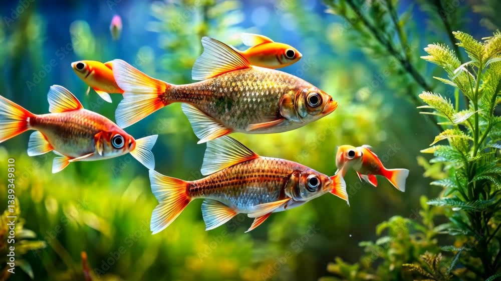 Colorful fish swim gracefully in a vibrant, freshwater aquarium Colorful fish swim gracefully in a vibrant, freshwater aquarium
