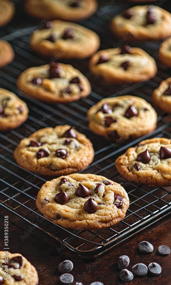 A cooling rack of freshly baked cookies, chocolate chips still melting. A cooling rack of freshly baked cookies, chocolate chips still melting.