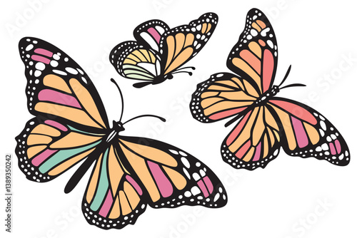 130 Colorful butterflies, vibrant wings, detailed patterns, iridescent colors, varied species, white background, realistic illustration, nature collection, rainbow hues, delicate insects, entomology d