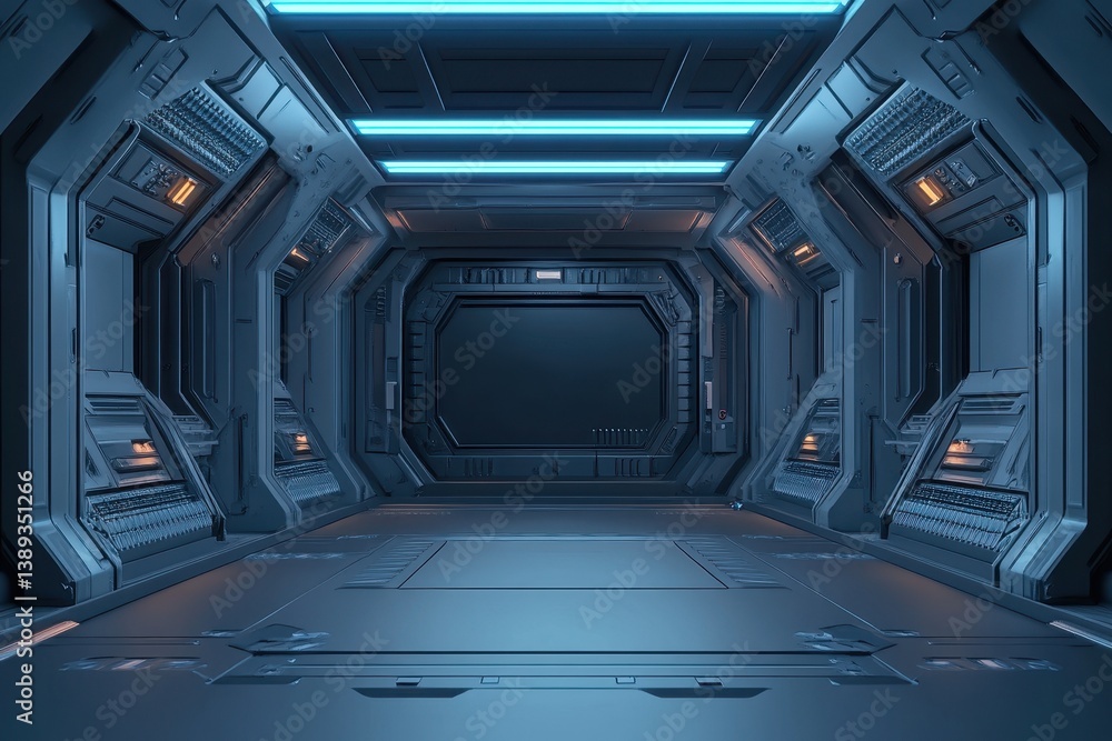 Obraz premium A Futuristic Interior Corridor With Illuminated Panels and Details