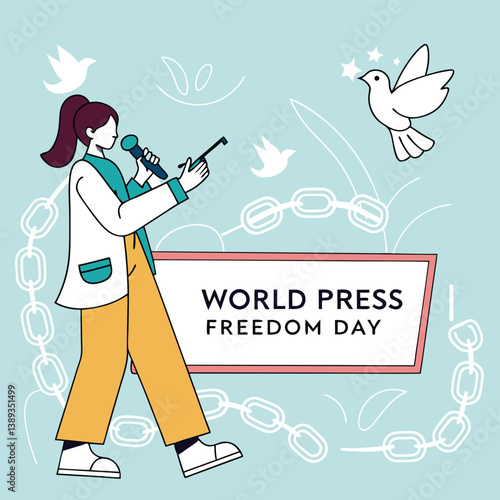 World Press Freedom Day: A vibrant illustration features a person holding a microphone, doves, and the text "WORLD PRESS FREEDOM DAY"