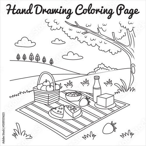 Hand-drawn picnic scene in a sunny park with food and drinks
