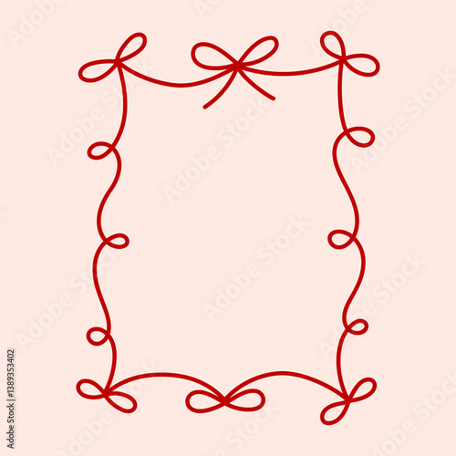 Frame of coquette pretty charming red bow ribbon. Hand drawn trendy minimalist border. Vintage bowknot frame for greeting cards, wedding, invitations, social media. Line art
