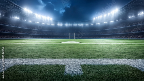 vibrant rugby stadium at night, showcasing bright floodlights illuminating lush green field, creating exciting atmosphere for fans