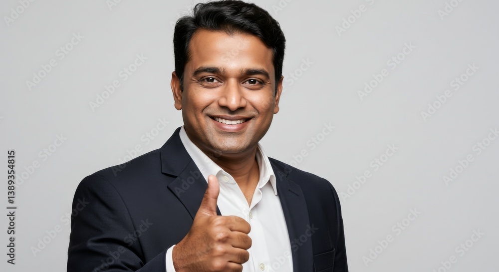 Confident Businessman Giving Thumbs Up - Smiling businessman in a dark suit gives a thumbs up gesture against a light gray background. Positive and successful Confident Businessman Giving Thumbs Up - Smiling businessman in a dark suit gives a thumbs up gesture against a light gray background. Positive and successful