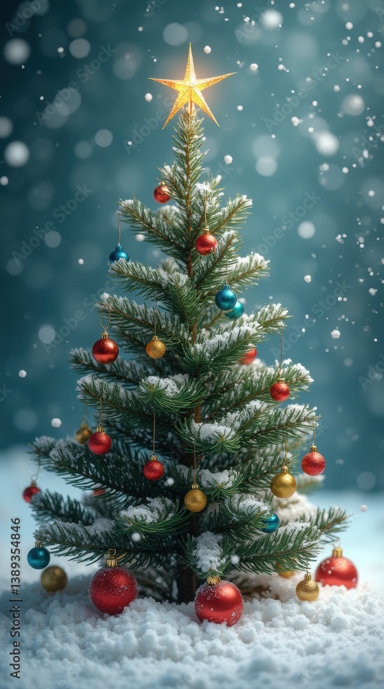 Christmas tree with creative ornaments and a star on top, surrounded by falling snowflakes for a magical winter scene Christmas tree with creative ornaments and a star on top, surrounded by falling snowflakes for a magical winter scene
