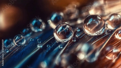 A close-up of droplets of water on a vibrant feather.