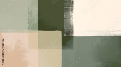 Abstract geometric painting with muted greens, beige and blush tones.