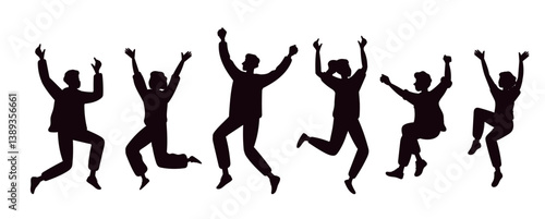 Silhouettes men and women having fun and jumping around. Cheerful bouncing people. Emotion expression. Happiness position. Holiday celebration. Floating poses. Joyful jumpers vector set