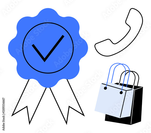 Blue ribbon with check mark, telephone handset, and shopping bags. Ideal for customer satisfaction, quality assurance, support, shopping, reliability trust and communication. Simple abstract line