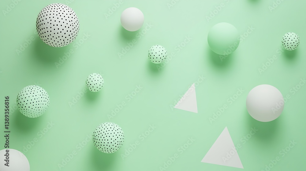 Fototapeta premium Abstract pastel green background with textured spheres and triangles.