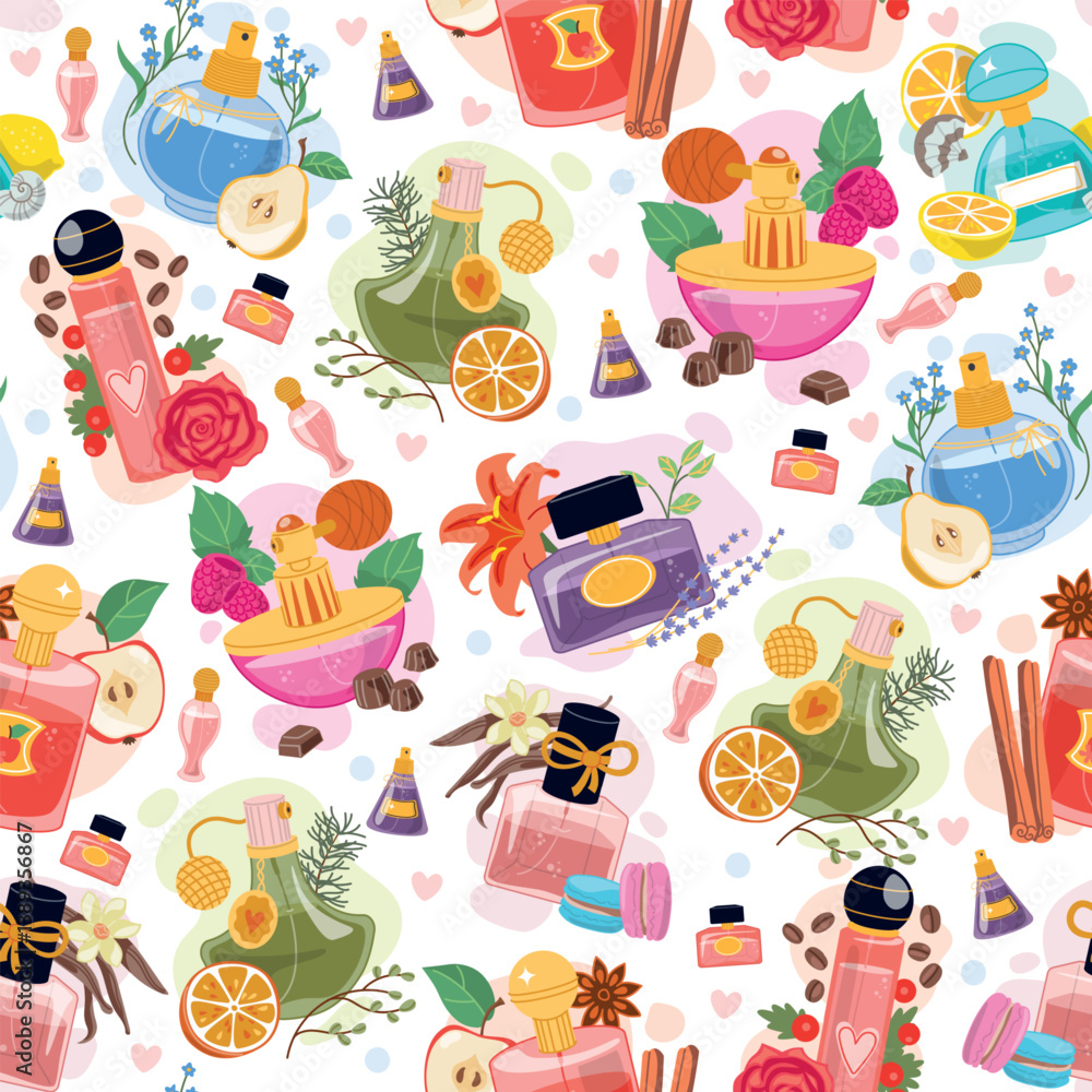 Perfume bubbles with floral and fruit fragrances seamless pattern. Flower perfumery smells. Toilet water vials. Repeated print. Cologne flacons. Aromatic cosmetic. Vector background Perfume bubbles with floral and fruit fragrances seamless pattern. Flower perfumery smells. Toilet water vials. Repeated print. Cologne flacons. Aromatic cosmetic. Vector background