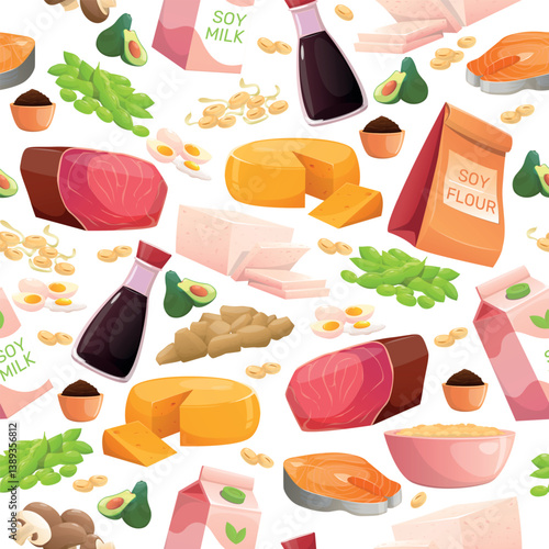 Protein products seamless pattern. Meat or vegetable food. Tofu cheese. Soy sauce. Repeated print. Eggs and avocado. Fresh mushroom. Superfood soybean. Diet nutrients. Vector background