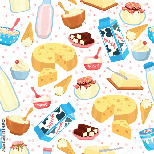 Milk products seamless pattern. Dairy food. Milky meal. Ice cream. Cheese piece. Repeated print. Cottage curd. Butter and yoghurt. Kefir bottle. Healthy nutrition. Vector background