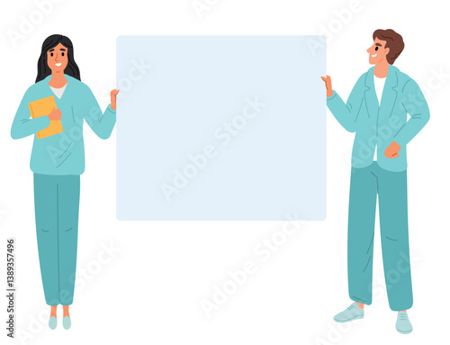 Male and female doctor hold blank poster sheet. Emergency Medical specialist with empty billboard. Physician in uniform. People showing and presenting banner. Health care. Vector concept