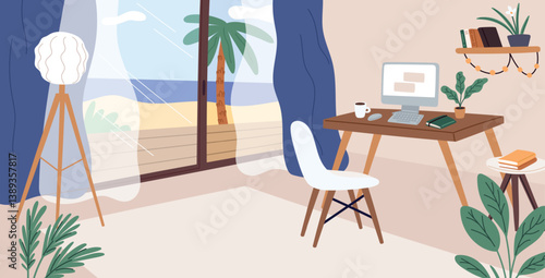 Home office interior. Freelancer workplace with desk and computer. Resort beach. House room furnishing. Freelance work table and chair. Tropical palm. Apartment window. Vector workspace