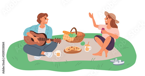 Happy couple on picnic in nature. Young people relaxing in park. Lovers dating. Man and woman sitting on blanket at meadow. Boyfriend playing guitar music for girlfriend. Vector concept