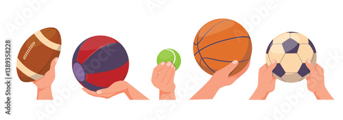 Hands with balls for sports games. Basketball player. Volleyball pass. Rugby and soccer. Tennis softball. Sportsman arms. Athletes competition. Football goal. Vector sportive tools set
