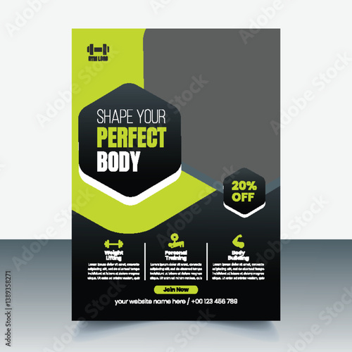 Gym and sports trainer vector a4 size editable print ready flyer or poster template, online fitness workout club leaflet or brochure cover design