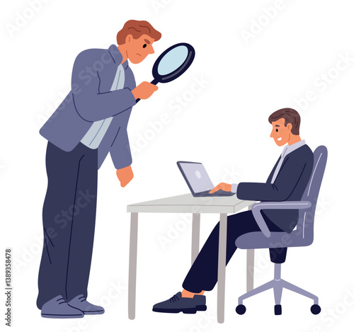 Employees work monitored by disgruntled supervisor. Business aggressive management. Businessman looking at worker through magnifying glass. Toxic suspicious manager. Vector concept