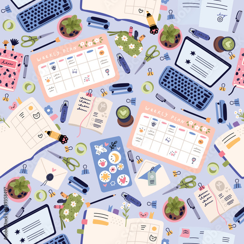 Desk with notepad and stationery. Office workplace seamless pattern. Notebook paper. Button or stapler. Messy workspace. Laptop on table top view. Pen and scissors. Vector background
