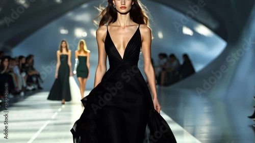 A stunning fashion show featuring models in elegant dresses walking down a futuristic runway