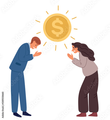 Businessman and businesswoman pray for financial prosperity. Worship gold coin. Addiction and servitude money. People wishing wealth. Office prayers. Greed man and woman. Vector concept