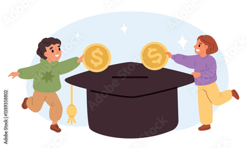 Boy and girl save money to pay for school or university fees. Finance savings. Kids putting golden coins in moneybox. Financial deposit. Education fund. Piggybank safe. Vector concept