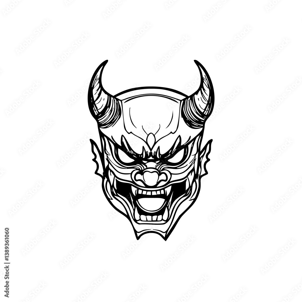 Obraz premium Japanese Oni Mask Logo Traditional Demon Head Line Art Illustration