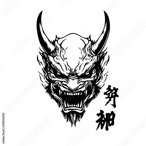 Japanese Oni Mask Logo Traditional Demon Head Line Art Illustration Vector line