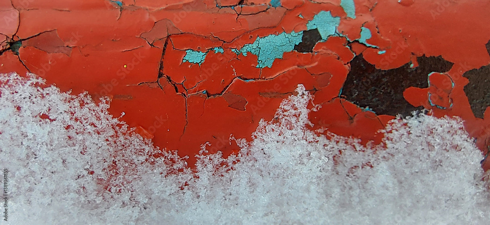 Fototapeta premium Weathered red surface with ice and corrosion layers, combining natural elements and urban decay into a rich grunge texture for creative backgrounds.