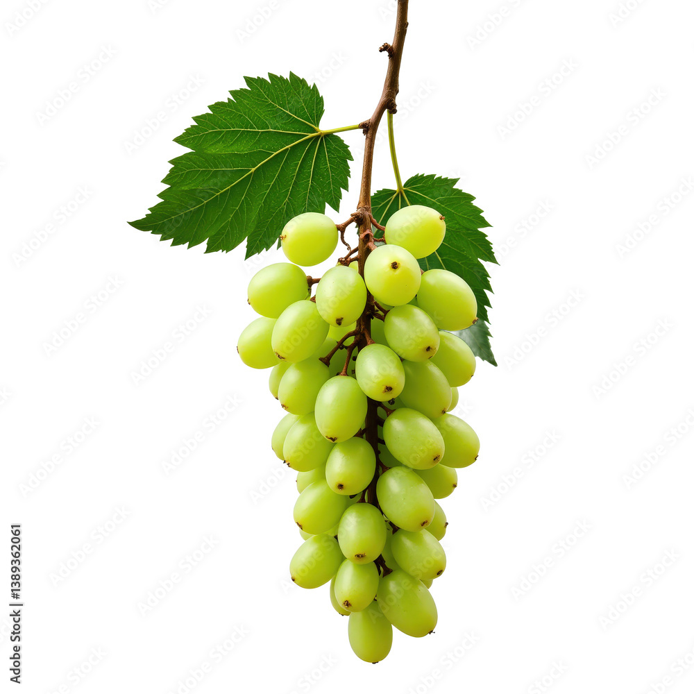 A fresh bunch of green grapes with leaves attached, perfect for a healthy snack or dessert. A fresh bunch of green grapes with leaves attached, perfect for a healthy snack or dessert.