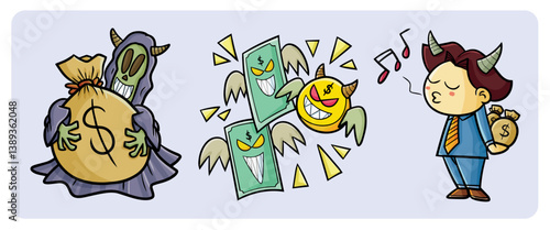 Funny and scary corruption illustration in cartoon style set