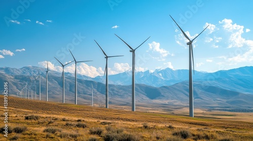 Obraz na płótnie Wind turbines stand tall on a vast, arid landscape beneath a clear sky. Mountain range in the distance w salonie