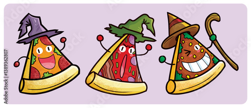 Funny pizza wearing witch hat cartoon character set