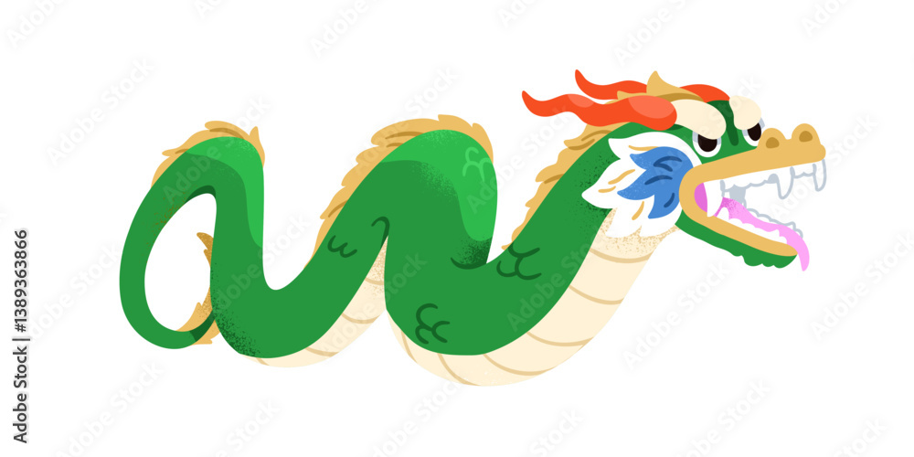 Fototapeta premium Chinese dragon, festive lunar mascot. Asian New Year fantasy animal from China myth, legend. Holiday character, traditional folk culture, symbol. Flat vector illustration isolated on white background