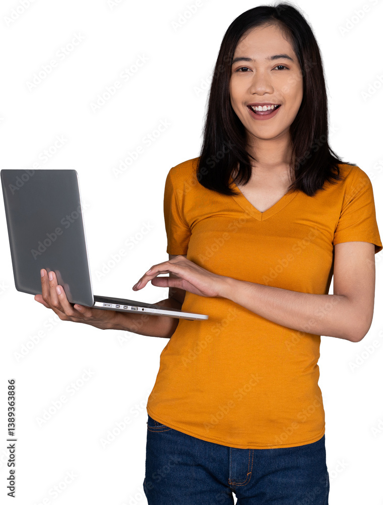 Portrait of a Young Woman Holding a Laptop with a Confident Smile Isolated Transparent Portrait of a Young Woman Holding a Laptop with a Confident Smile Isolated Transparent